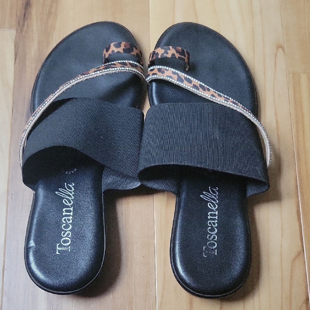 Toscanella Black and Leopard Women's Sandals Black Slide Sandals Size 8.5